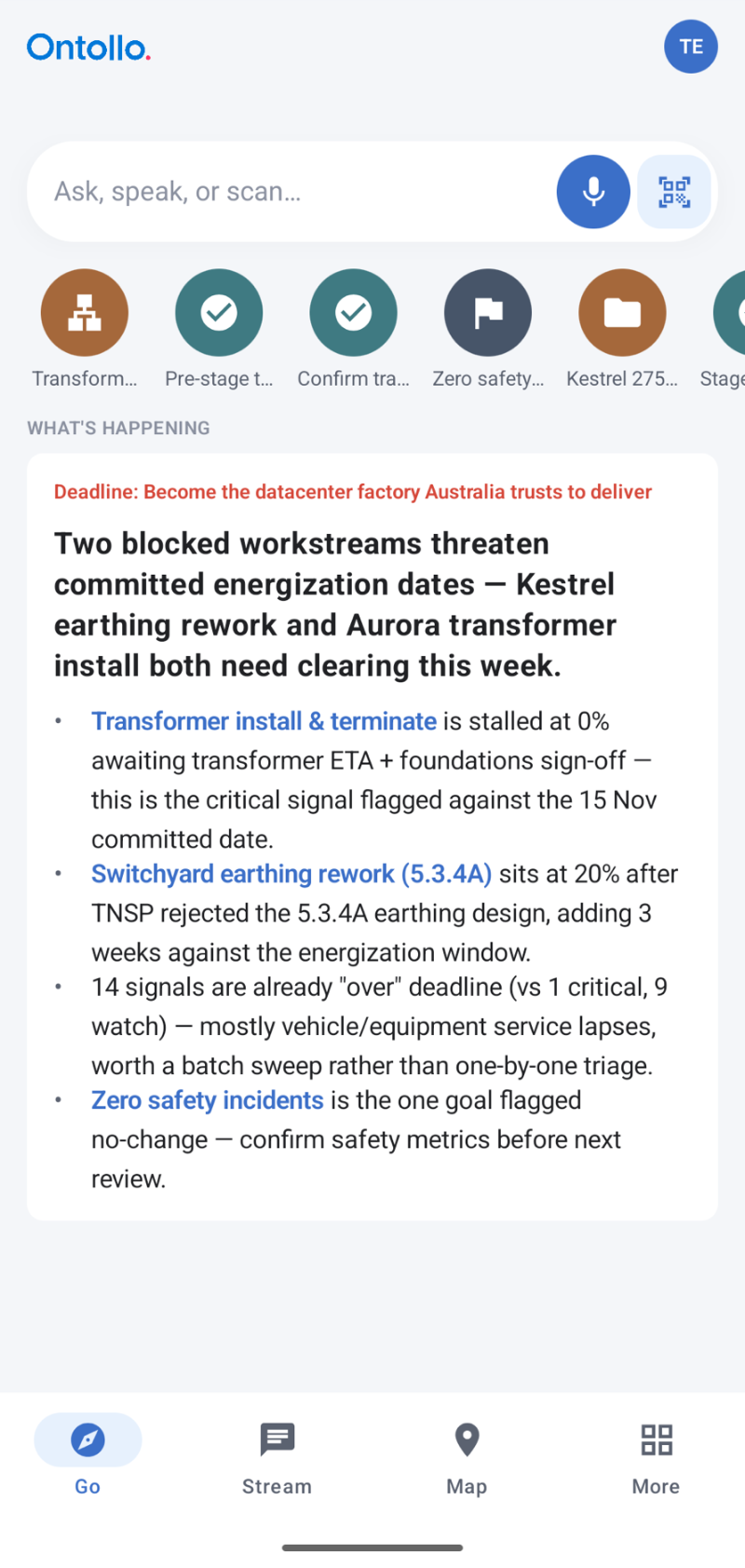 The Ontollo app on a phone — a live operational feed flagging two blocked workstreams, a critical transformer-install signal, and the crew's goals for the week.